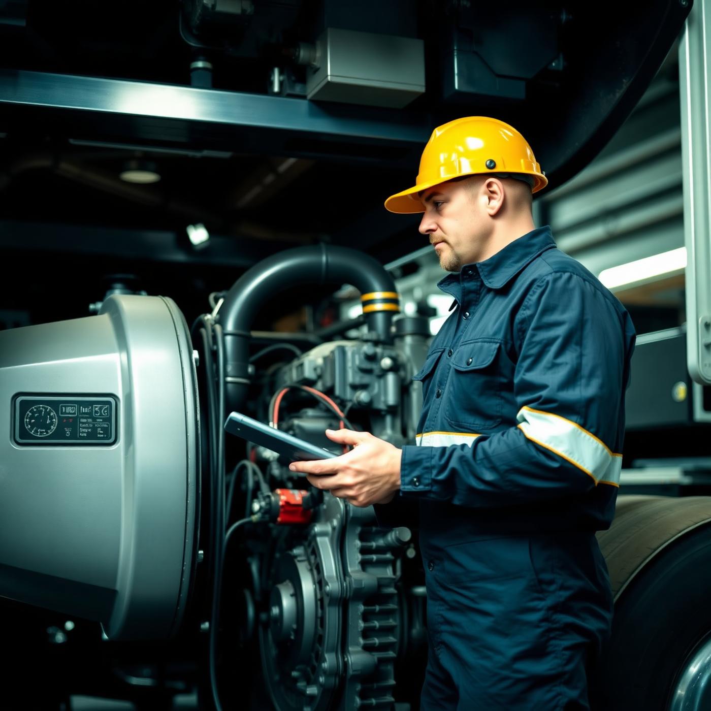 Technician inspecting a commercial diesel truck engine bay